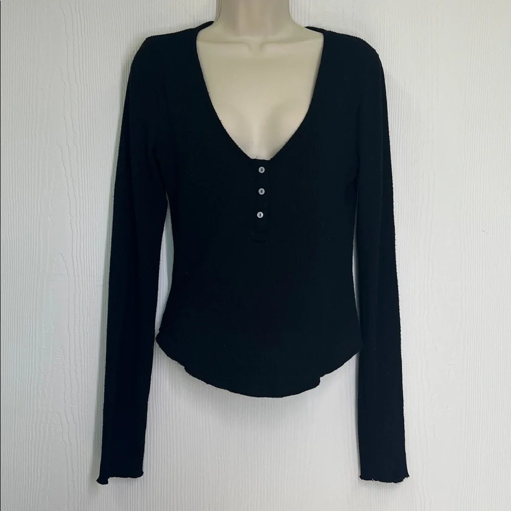 Free People - Intimately Keep It Basic Black Ribbed Soft Henley Blouse Small - Picture 2 of 10